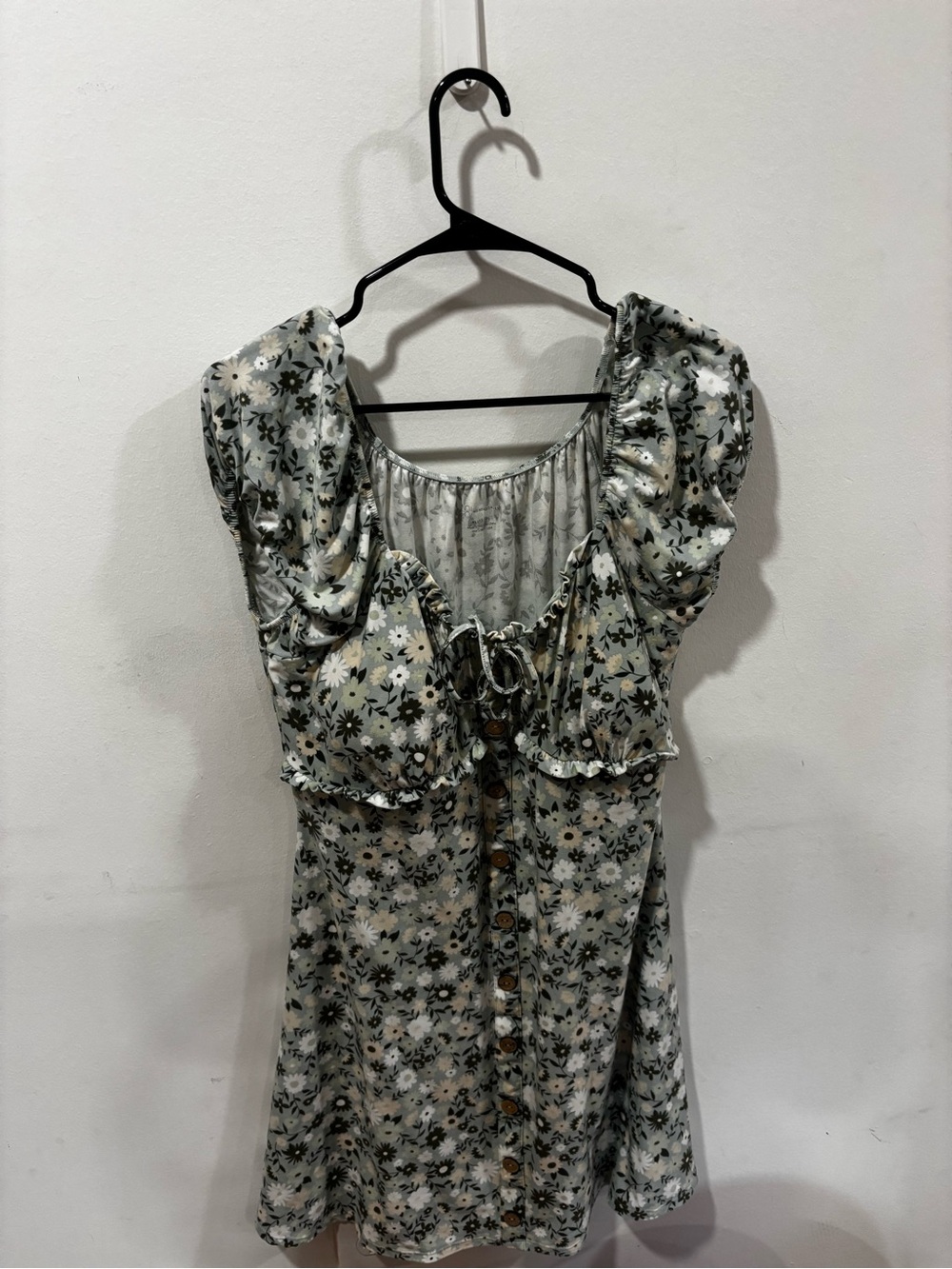 Floral Mini Dress in Sage and Cream Fairy Cottage Momcore Spring Femme Buttons